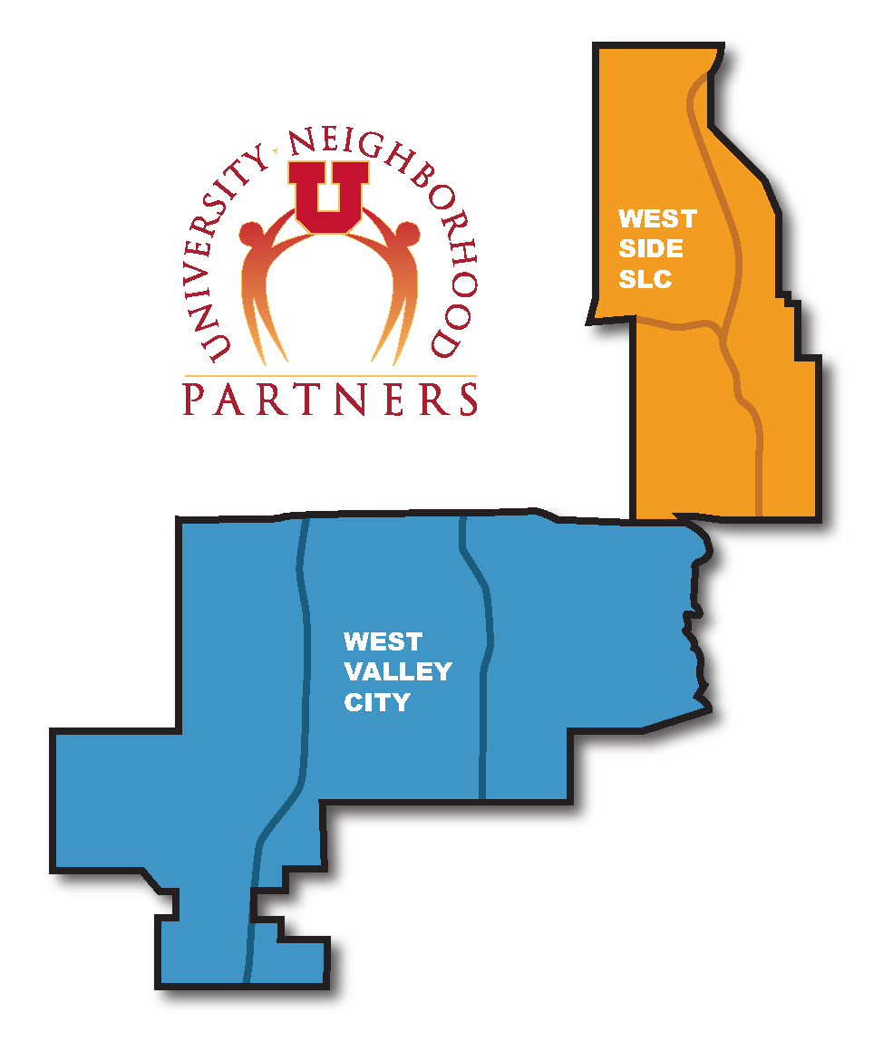 UNP Logo with maps of West Valley City and West Side Salt Lake City